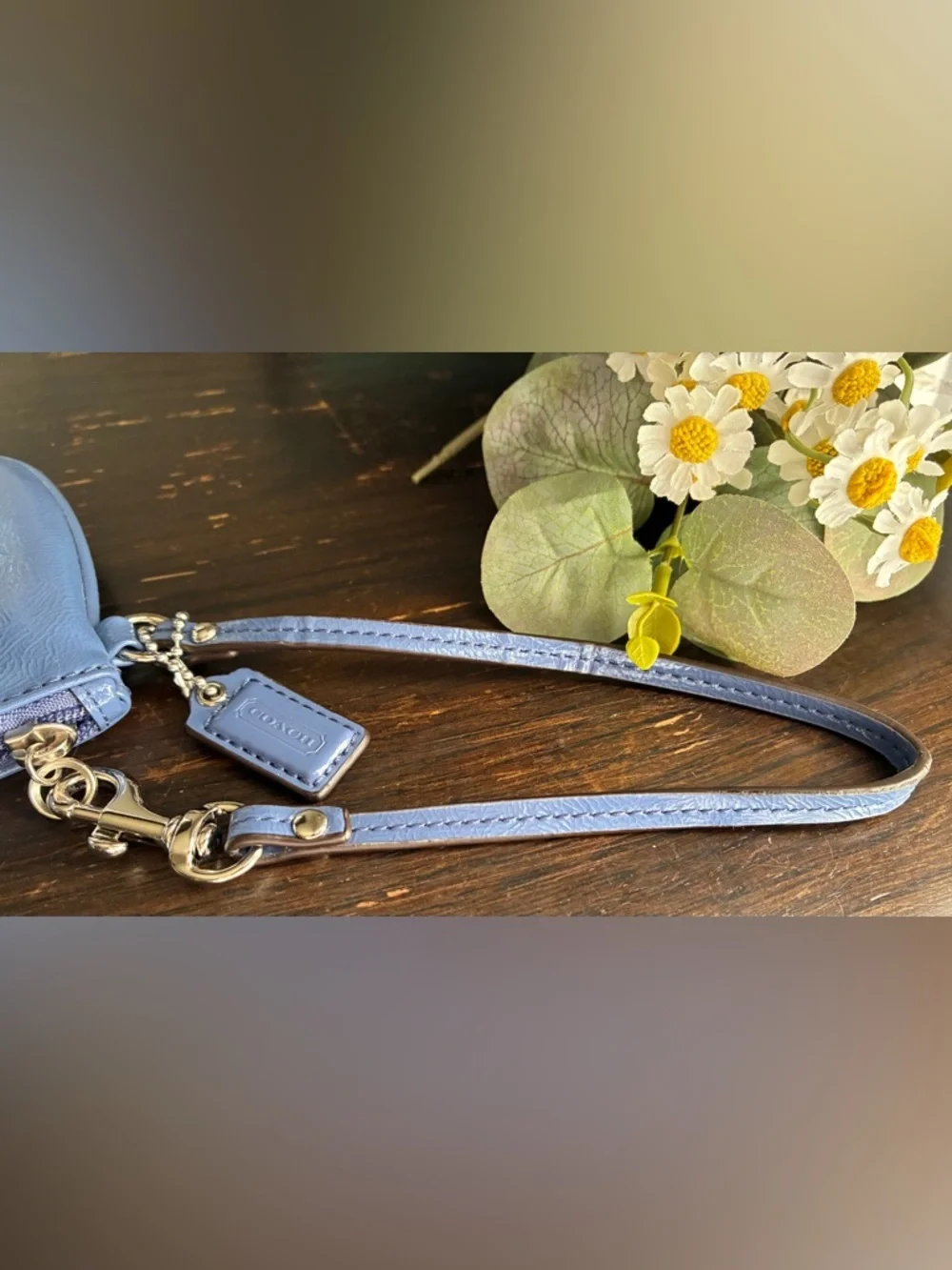 Coach Light Blue Leather Wristlet with Logo Patch